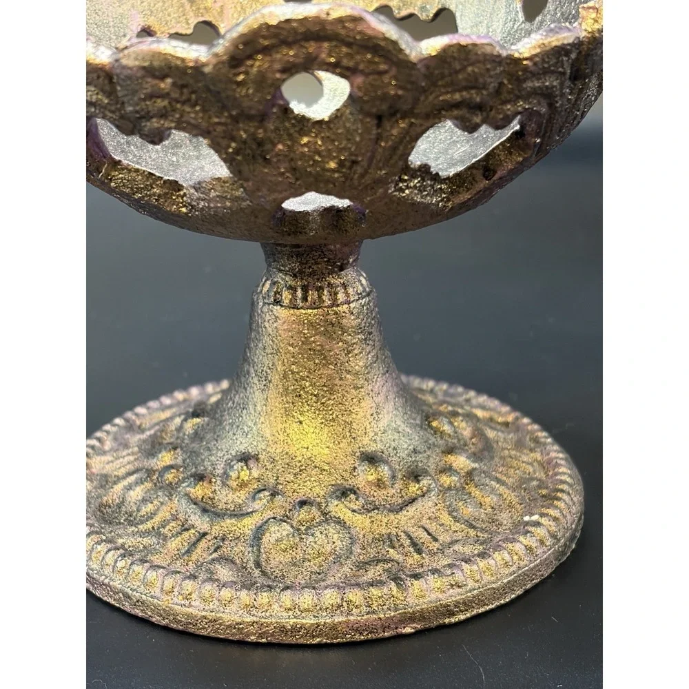 Metal Cast‎ Iron Candle Trinket holder/ Ornate Pedestal Dish Patina Finish